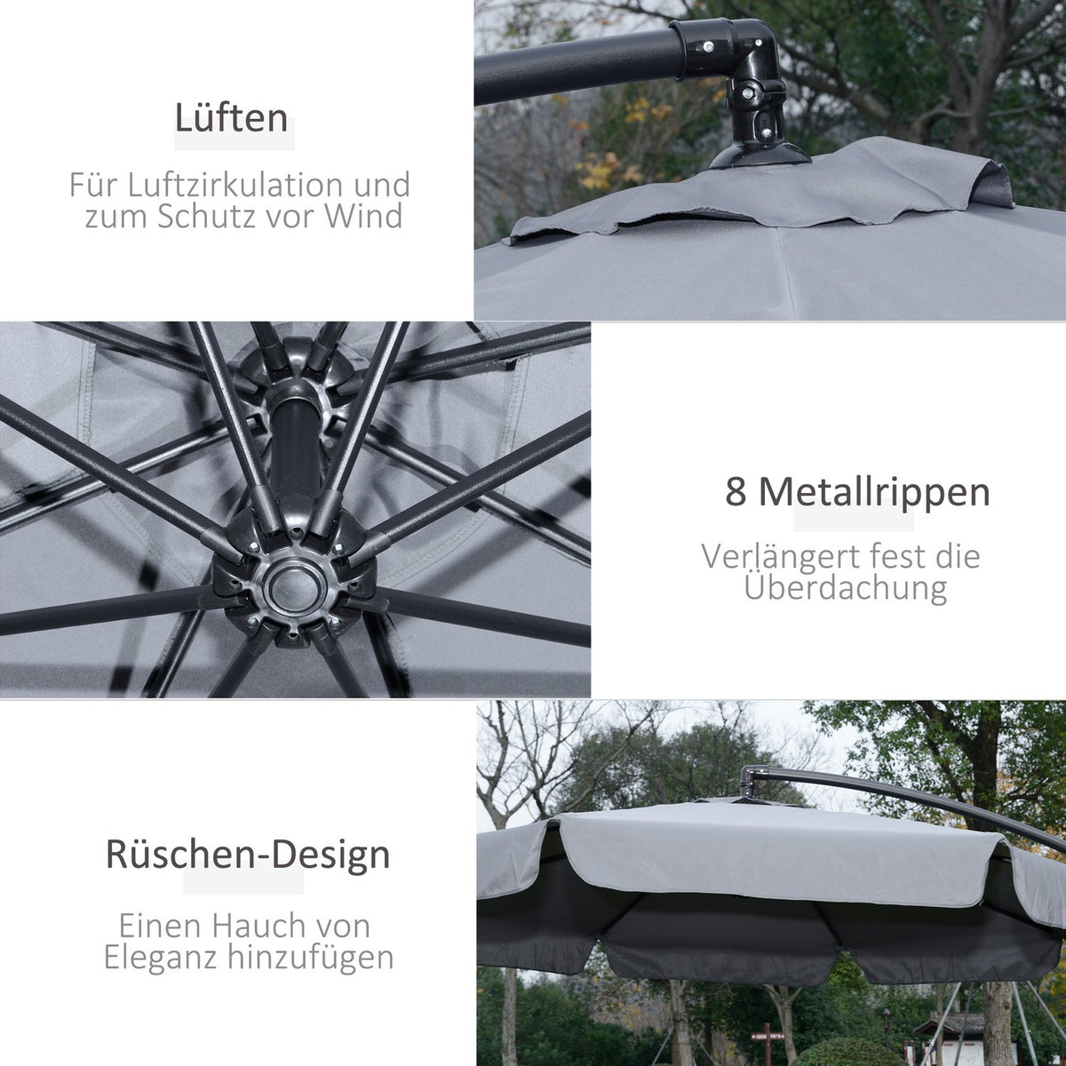 Parasol Cantilever Umbrella With Hand Crank Ruffles Ø2.65 X 2.65H M Garden Umbrella Sun Protection Garden Balcony Dark Gray