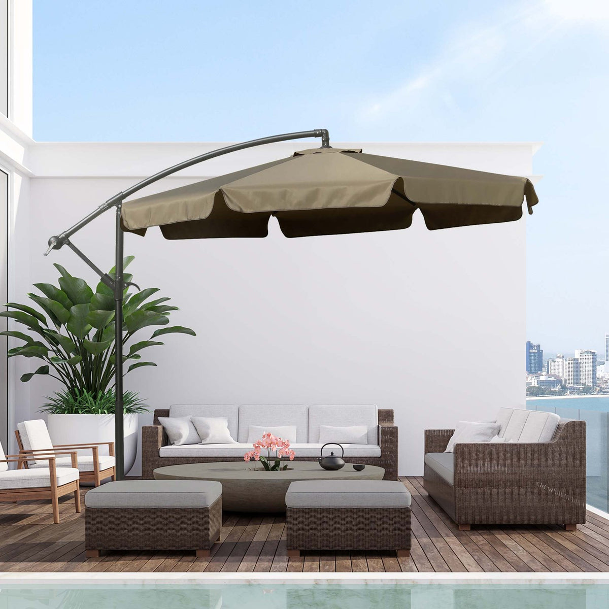 Parasol Cantilever Umbrella With Hand Crank Ruffles Diameter 2.65 X 2.65 H M Garden Umbrella Sun Protection Garden Balcony Coffee