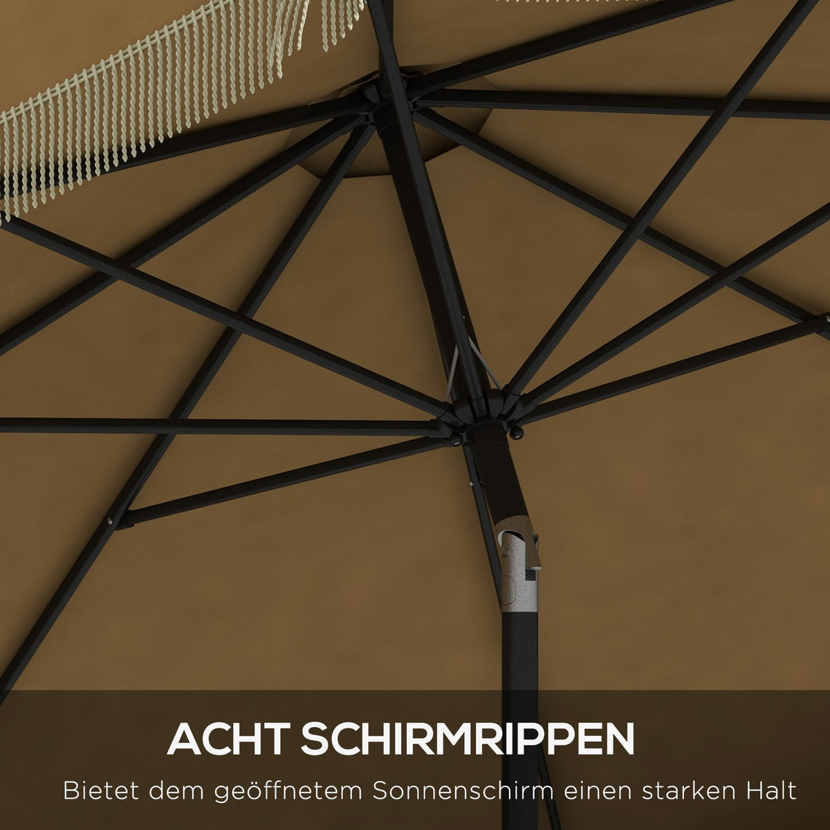 Parasol Diameter 265 Cm Patio Umbrella With Fringes Tilting Beach Umbrella With 8 Ribs For Garden Balcony Khaki
