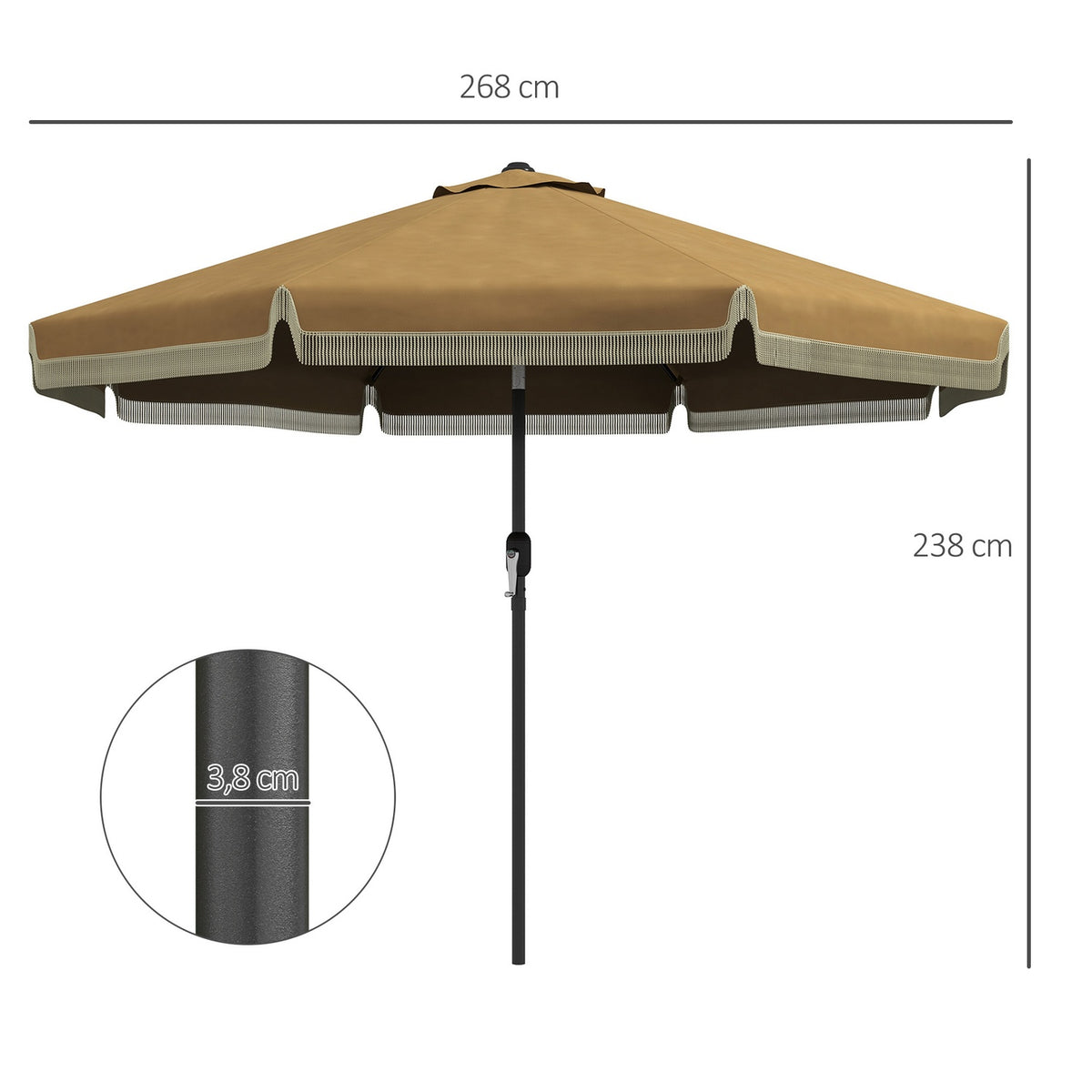 Parasol Diameter 265 Cm Patio Umbrella With Fringes Tilting Beach Umbrella With 8 Ribs For Garden Balcony Khaki