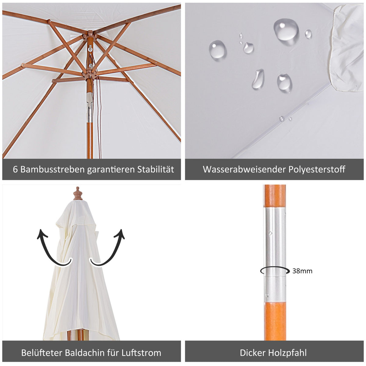 Parasol Foldable Garden Umbrella Made Of Fir Wood, Adjustable To 3 Levels, Cream White, 200X150X230Cm