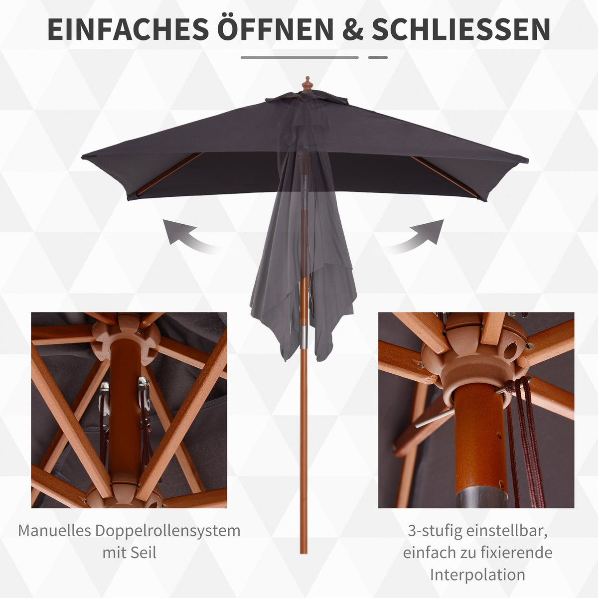 Parasol Foldable Garden Umbrella Made Of Fir Wood, Adjustable To 3 Levels, Dark Gray, 200X150X230Cm