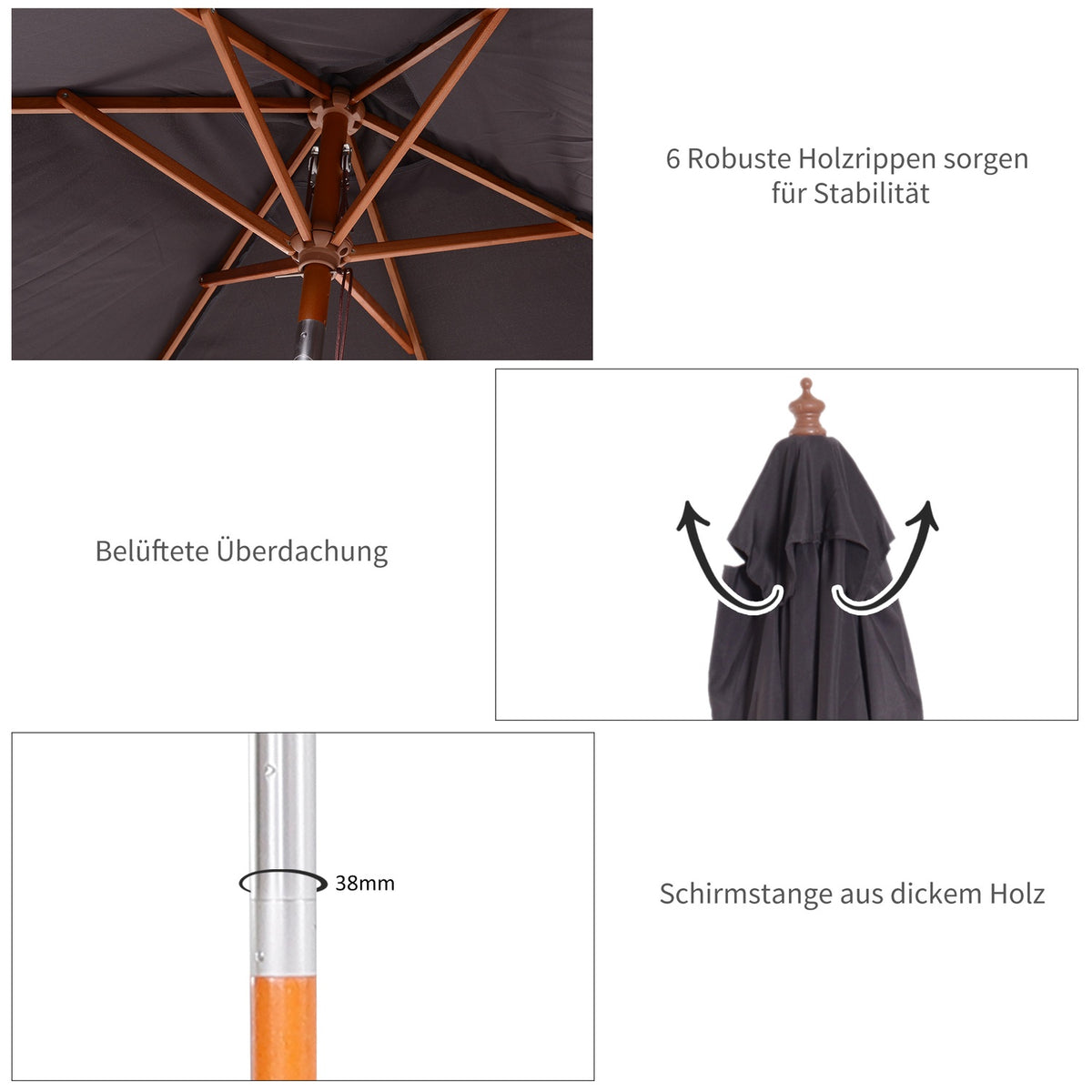 Parasol Foldable Garden Umbrella Made Of Fir Wood, Adjustable To 3 Levels, Dark Gray, 200X150X230Cm