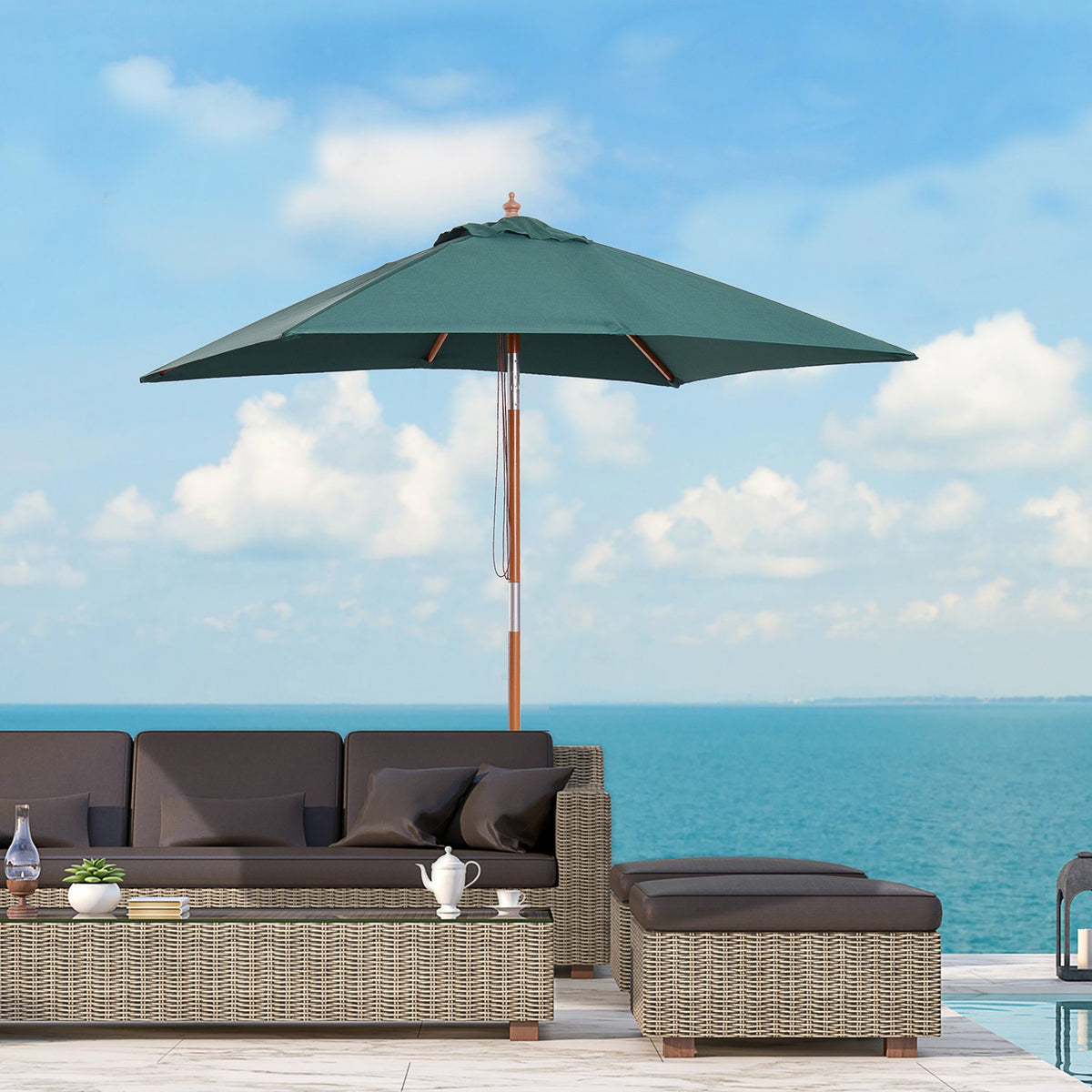 Parasol Foldable Garden Umbrella Made Of Fir Wood, Adjustable To 3 Levels, Green, 200X150X230Cm