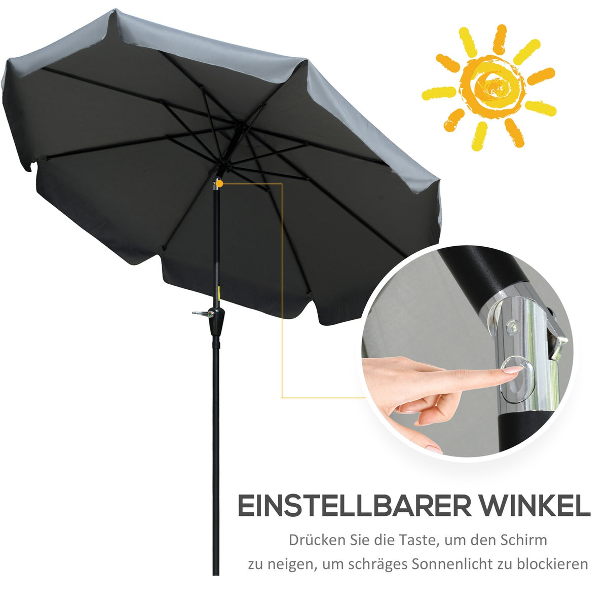 Parasol Patio Umbrella With Uv Protection 50+, Ø2.66M, 8 Ribs, Adjustable, Dark Grey