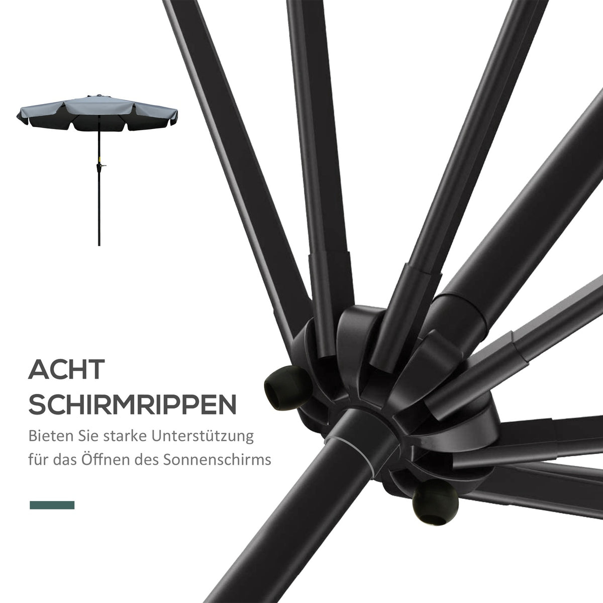 Parasol Patio Umbrella With Uv Protection 50+, Ø2.66M, 8 Ribs, Adjustable, Dark Grey