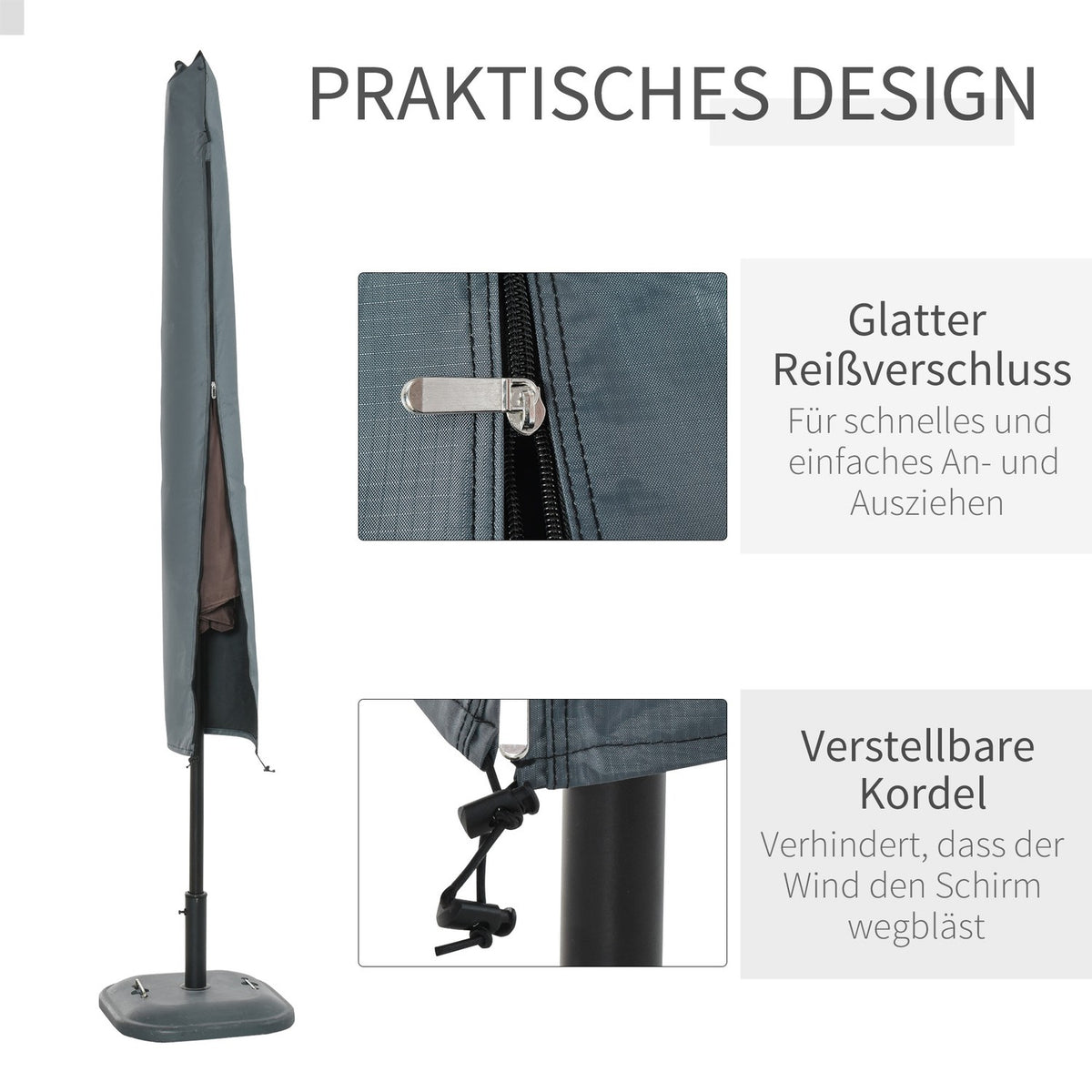Parasol Protective Cover Weatherproof Cover With Fixing Straps & Zipper, Oxford Polyester, Gray, 178X25/35Cm