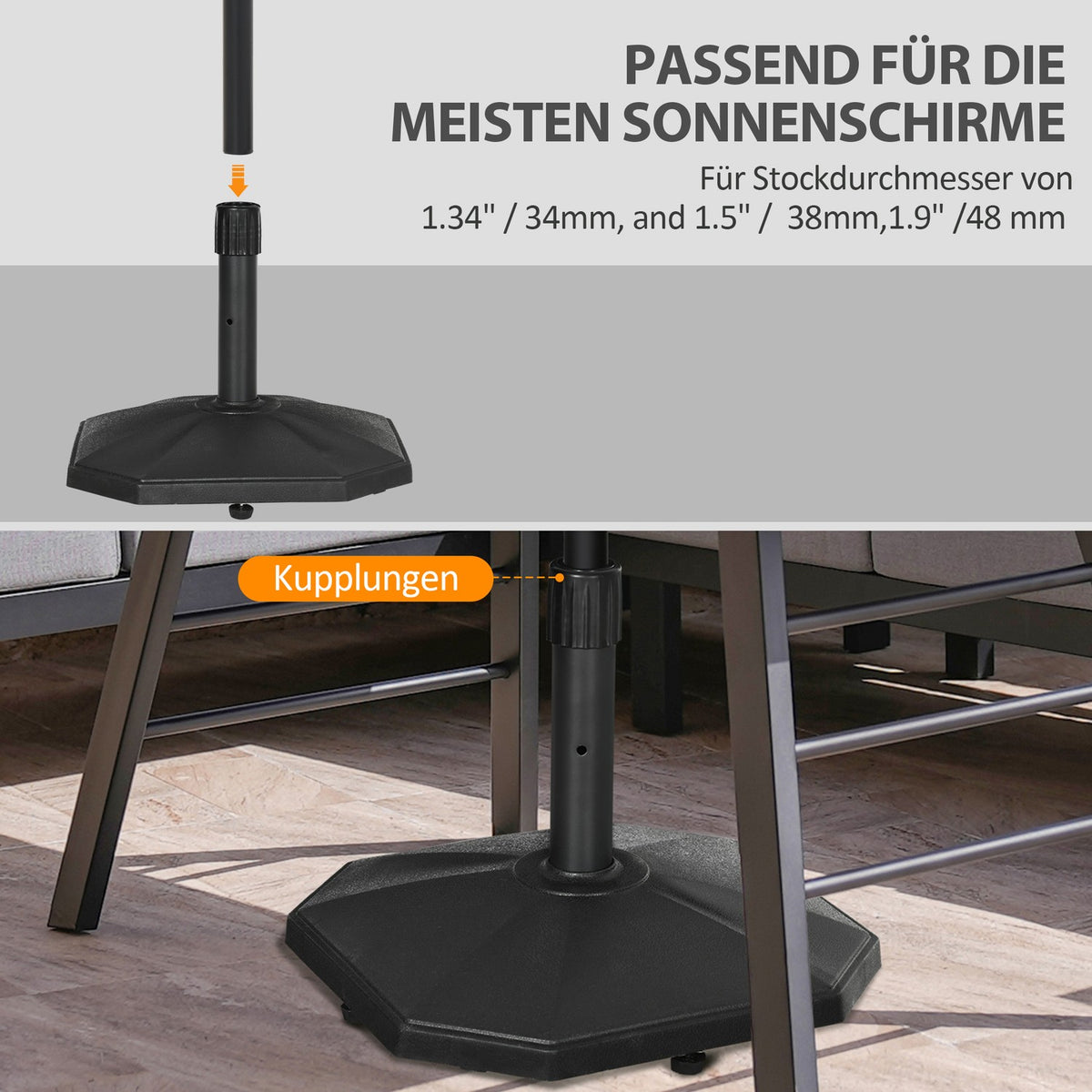 Parasol Stand 22Kg Stable Umbrella Base For Ø32/34/38Mm Poles, Cement Filling, Ideal For Garden, Black, Ø46X39H Cm