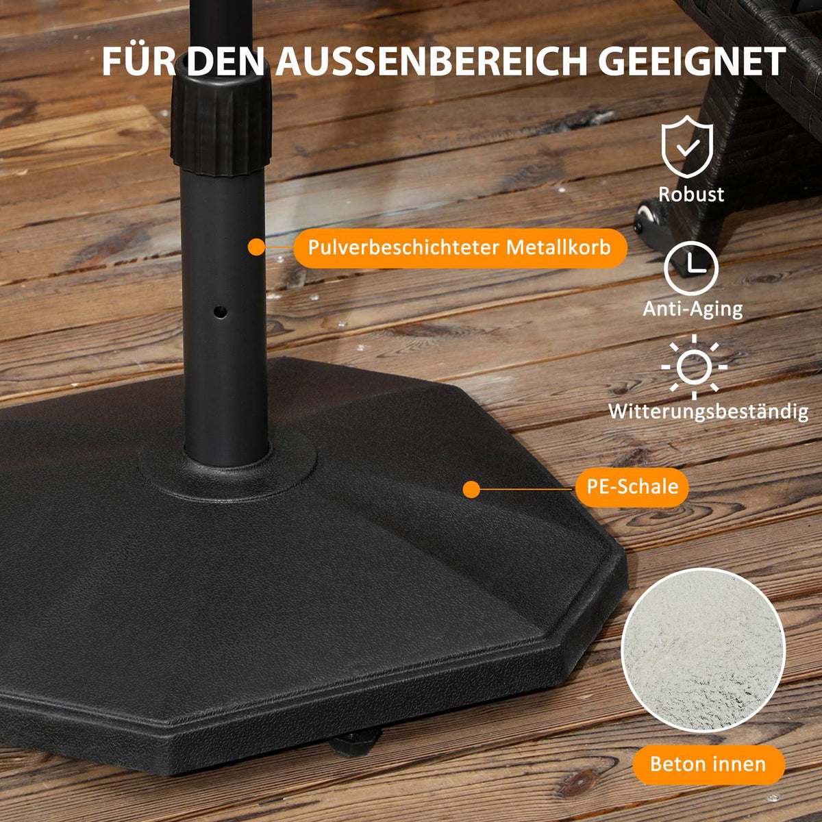 Parasol Stand 22Kg Stable Umbrella Base For Ø32/34/38Mm Poles, Cement Filling, Ideal For Garden, Black, Ø46X39H Cm