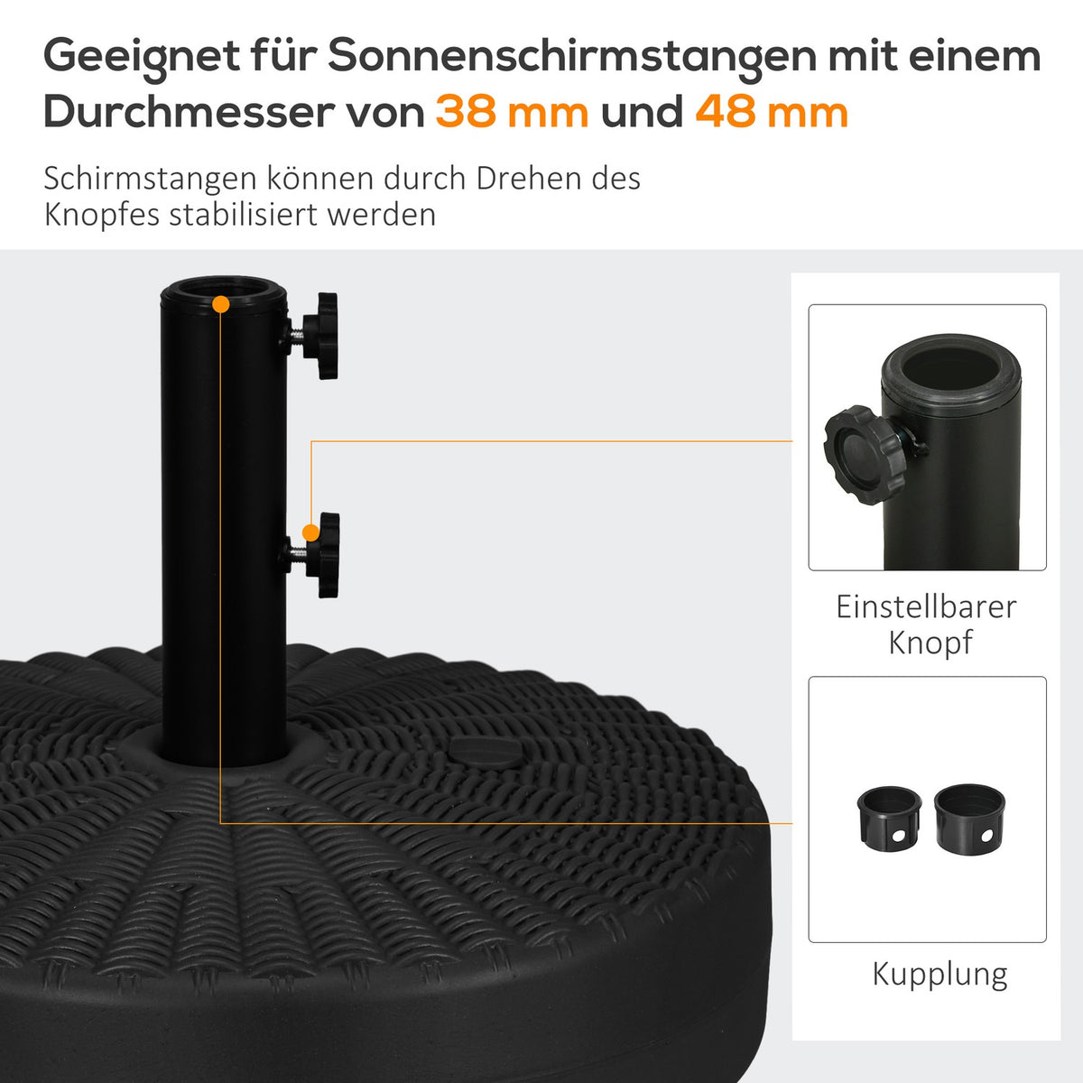 Parasol Stand 29Kg Umbrella Base For Ø38/48Mm Poles, Rattan Look, Ideal For Garden & Balcony, Hdpe, Black, Ø51X36Cm