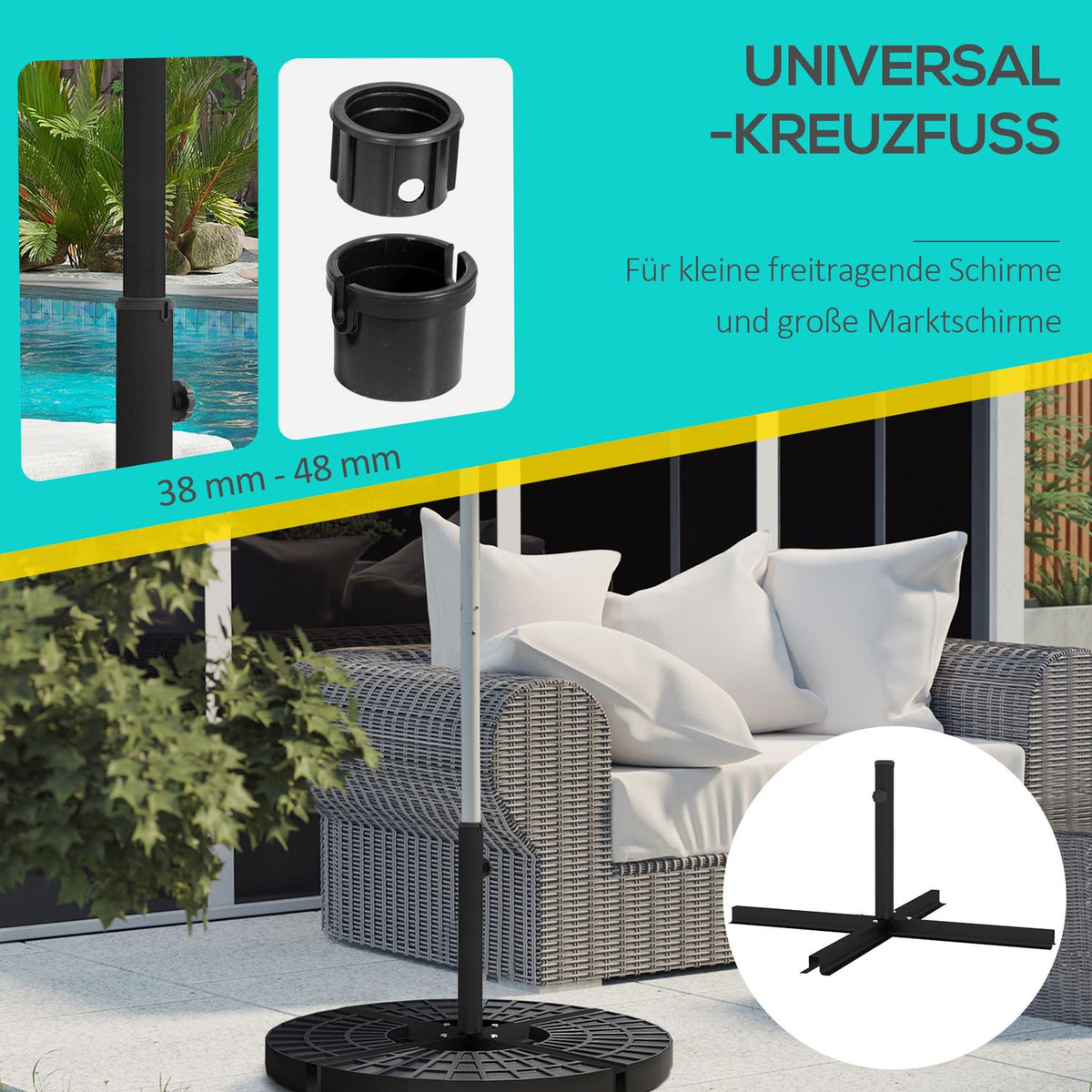 Parasol Stand 4 Kg Umbrella Stand Cross Stand For Pole Diameter Ø38 To 48 Mm Cantilever Umbrella, Black 100 X 100 X 75 Cm