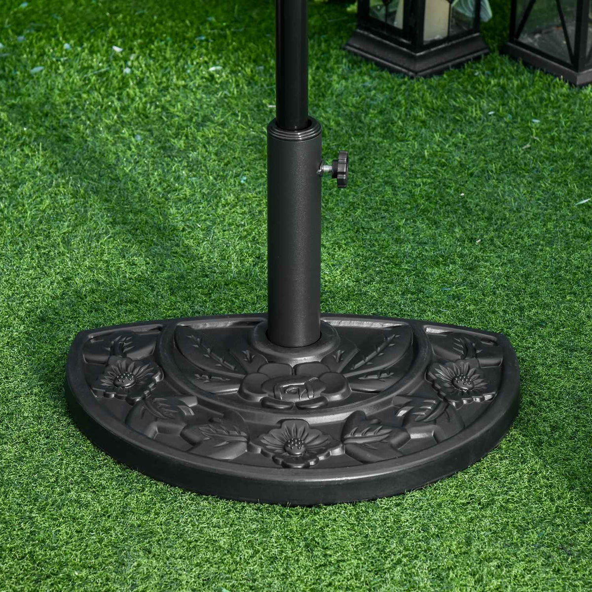 Parasol Stand 9Kg Garden Umbrella Base With Flower Design For Ø35/38/48Mm Umbrella Poles, Hdpe, Half Round Umbrellas, Black