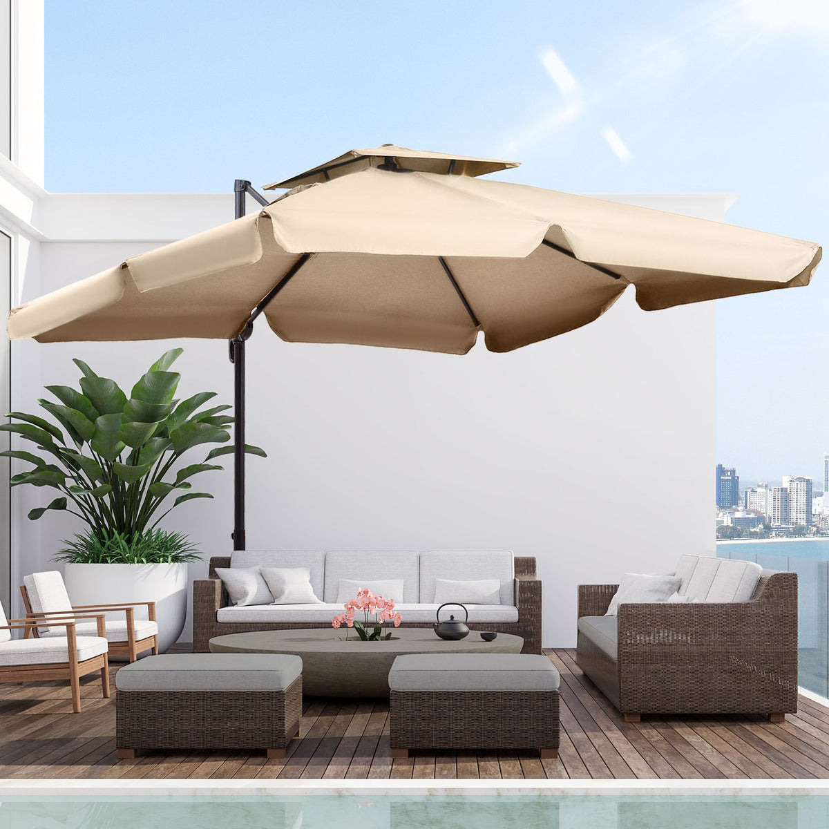 Parasol Uv50+ Cantilever Umbrella Roma Umbrella With Stand And 4 Weights Including Protective Cover Aluminum Khaki 270 X 270 X 260 Cm