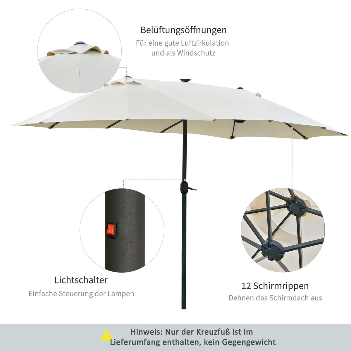 Parasol With Led Double Parasol 440 X 260 Cm Garden Umbrella Market Umbrella Large Patio Umbrella With Hand Crank Oval Metal Cream White