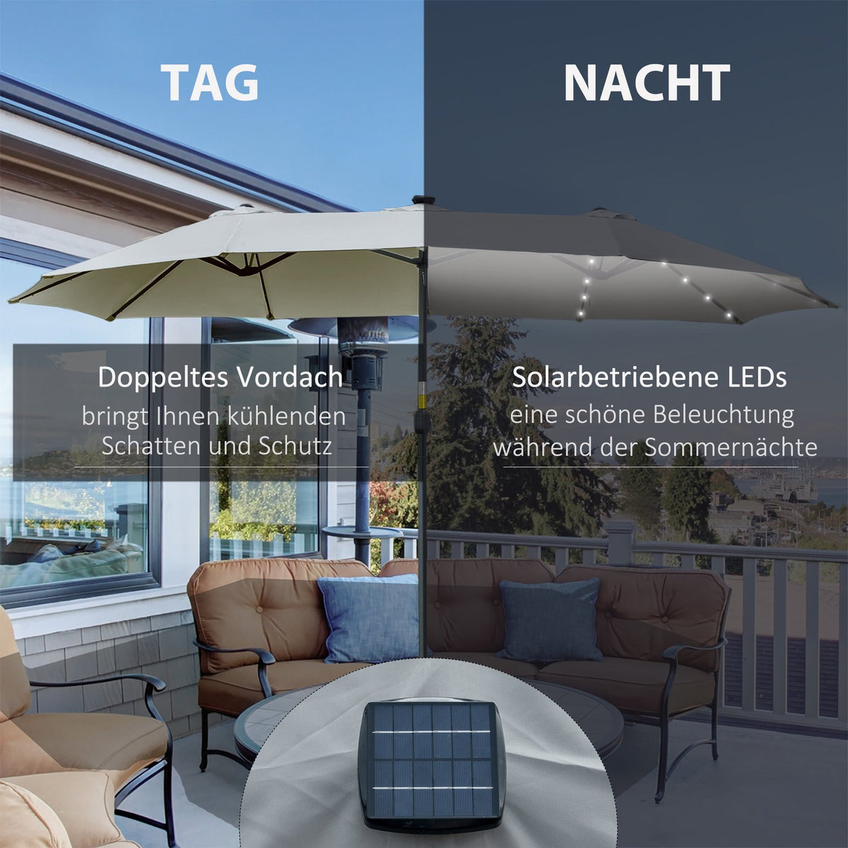 Parasol With Led Solar 4.5 M Double Parasol Garden Umbrella Market Umbrella Patio Umbrella Oval Light Gray + Black
