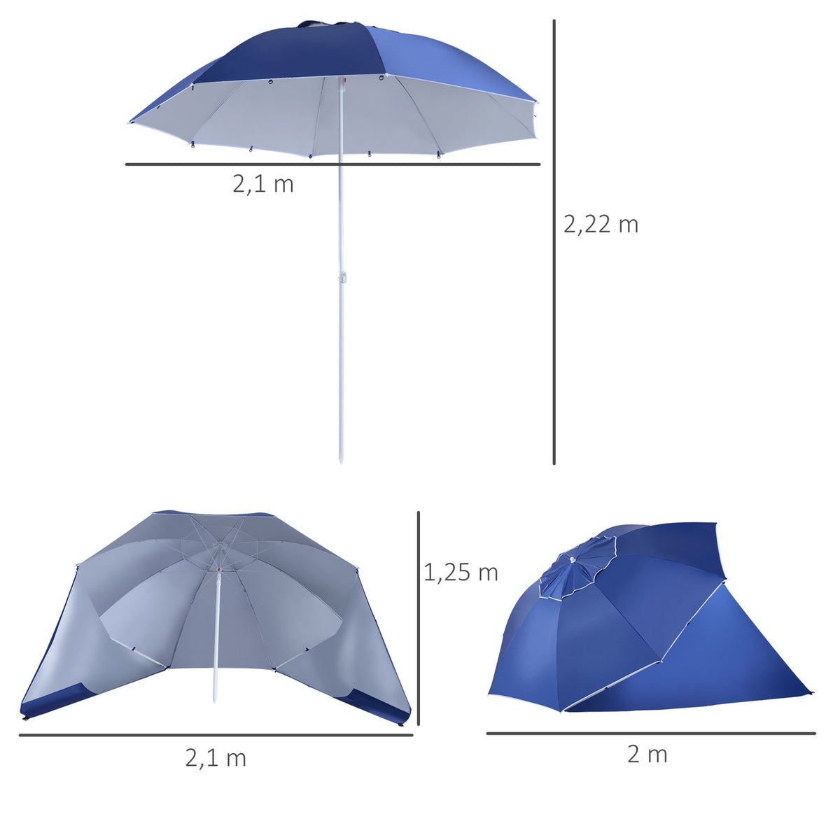 Parasol With Wind Protection 2 In 1 Beach Umbrella & Beach Shelter, Blue, Φ210Xh222Cm
