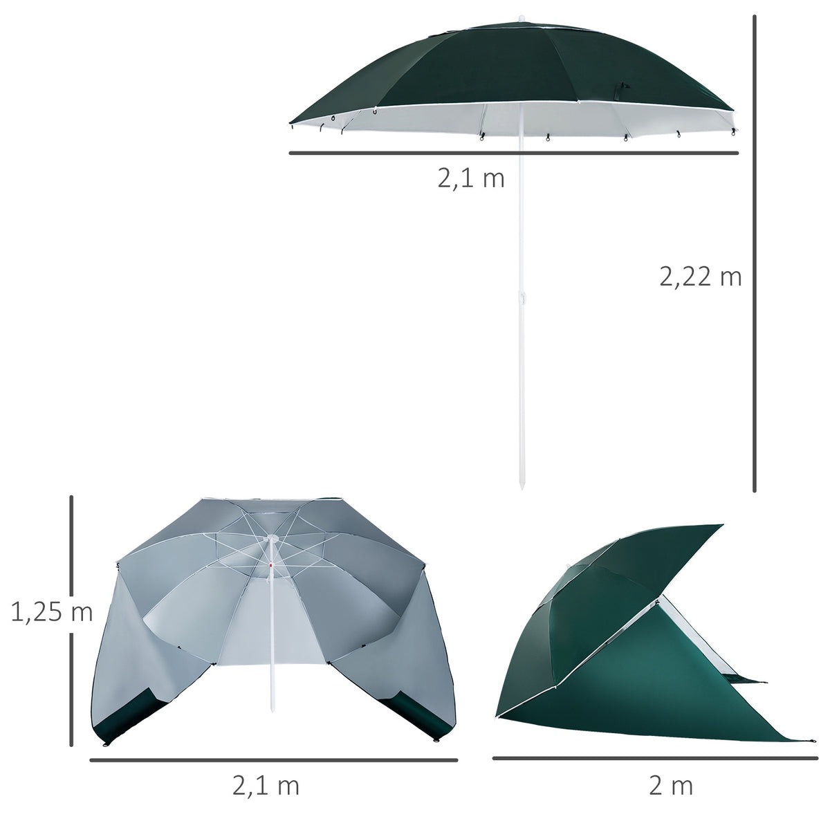 Parasol With Wind Protection 2 In 1 Beach Umbrella & Beach Shelter, Dark Green, Φ210Xh222Cm