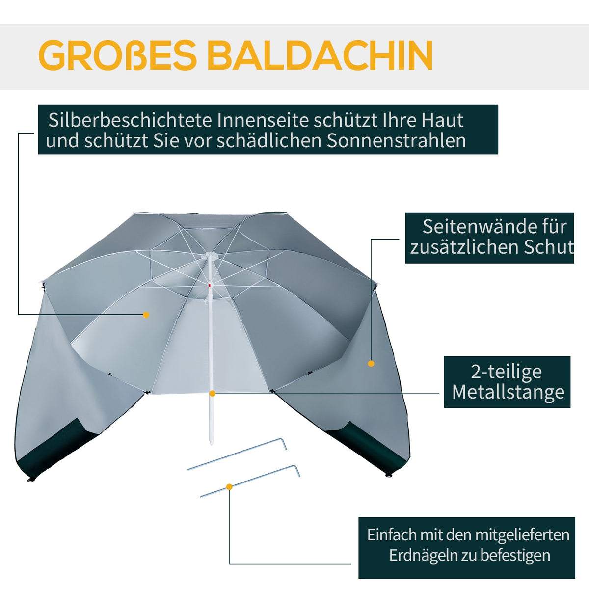 Parasol With Wind Protection 2 In 1 Beach Umbrella & Beach Shelter, Dark Green, Φ210Xh222Cm