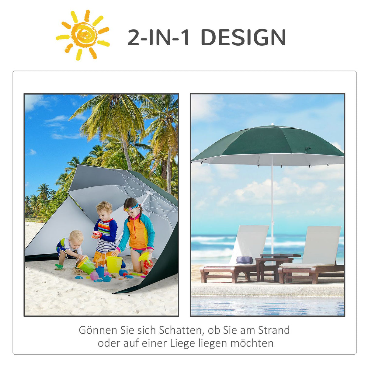Parasol With Wind Protection 2 In 1 Beach Umbrella & Beach Shelter, Dark Green, Φ210Xh222Cm
