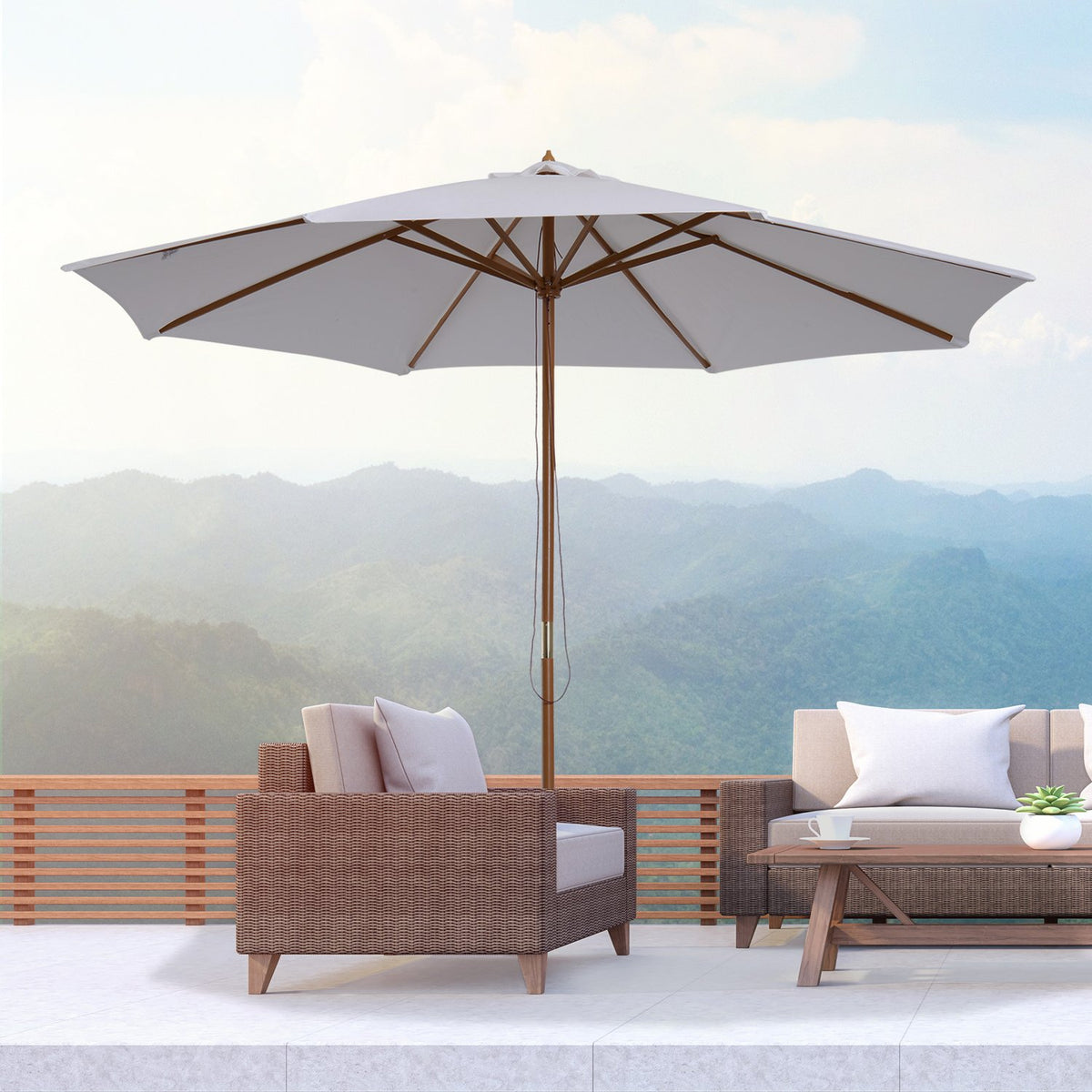 Parasol Wood 300 Cm Wooden Umbrella Garden Umbrella Balcony Umbrella Bamboo Cream White