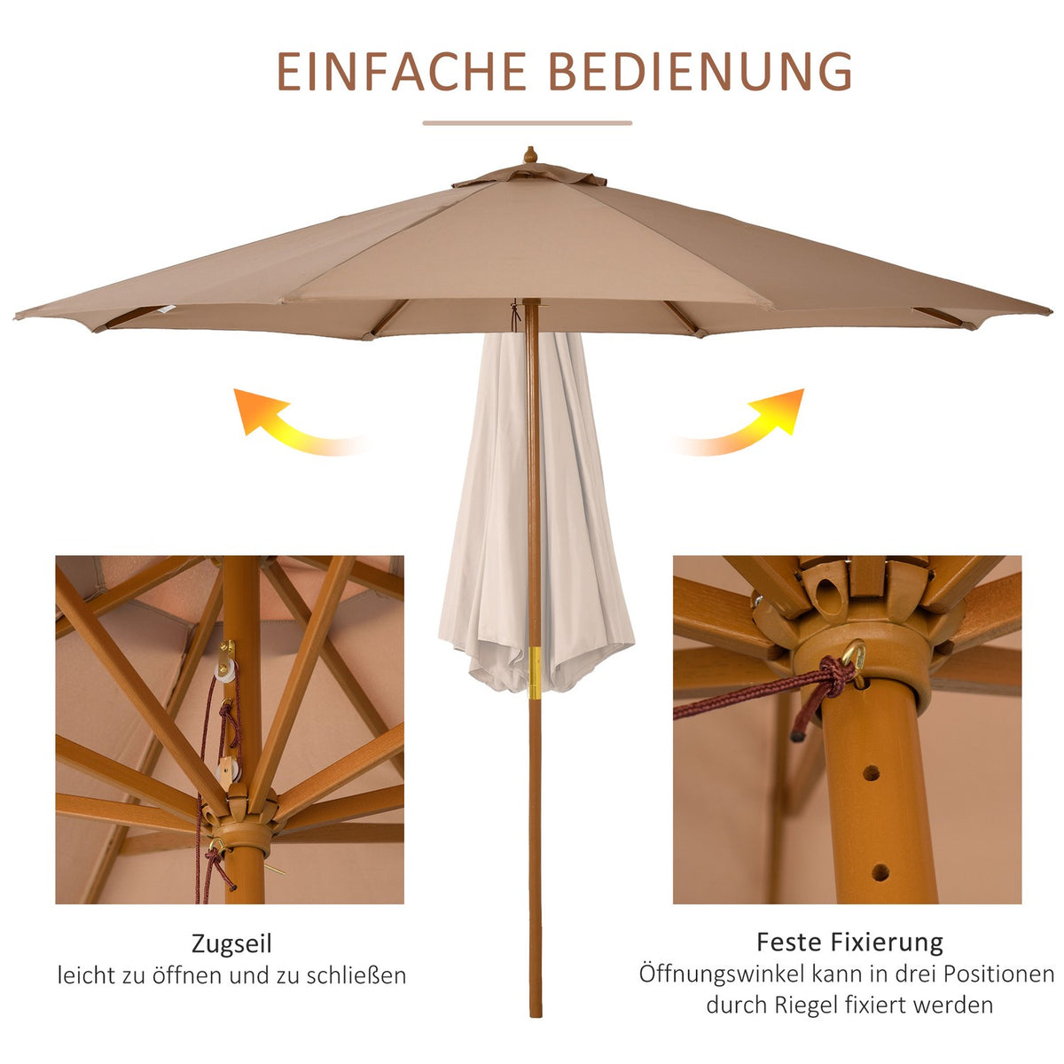 Parasol Wood 300 Cm Wooden Umbrella Garden Umbrella Balcony Umbrella Bamboo Khaki