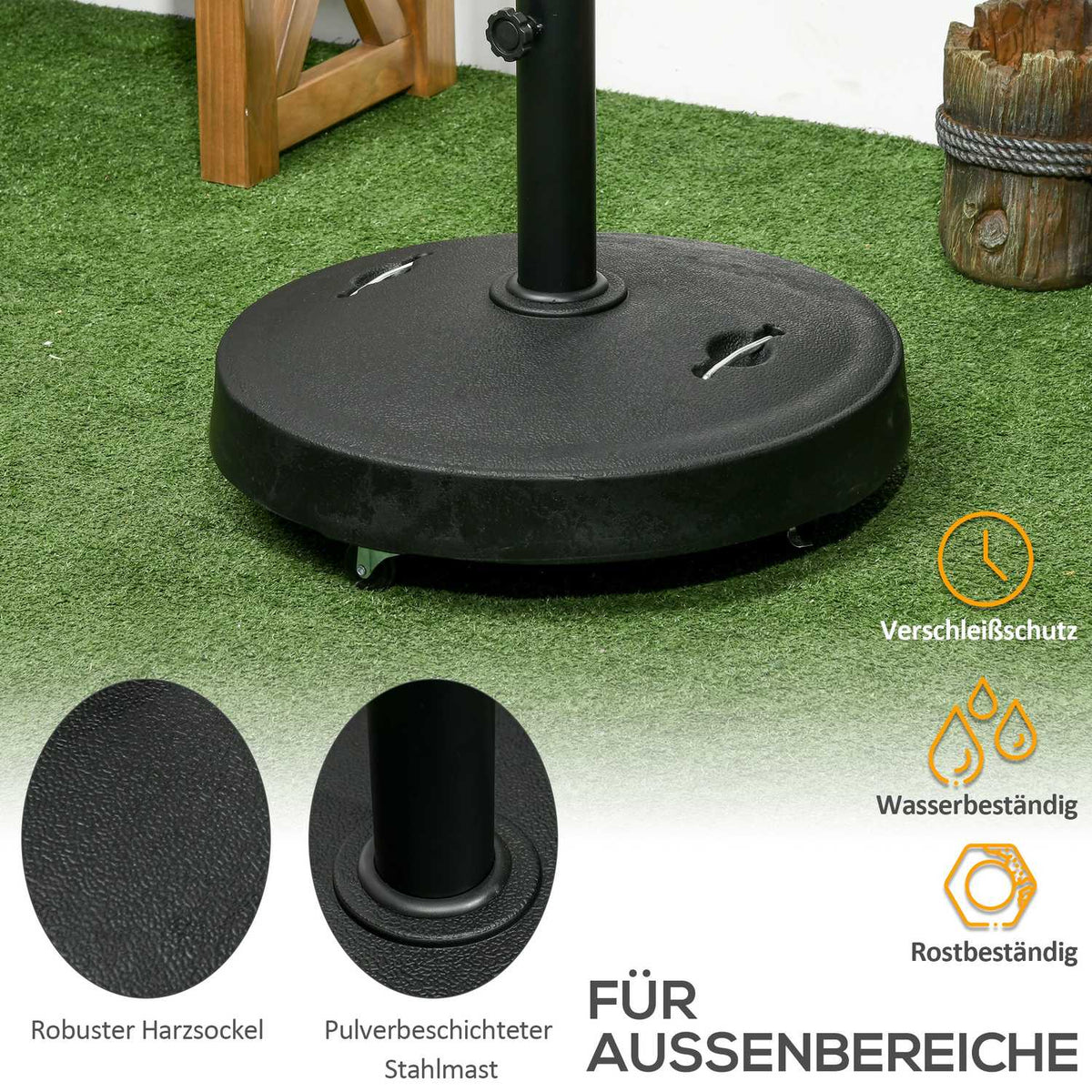 Parasol stand 23.5kg mobile umbrella holder with wheels for Ø38/48mm poles synthetic resin for garden balcony black