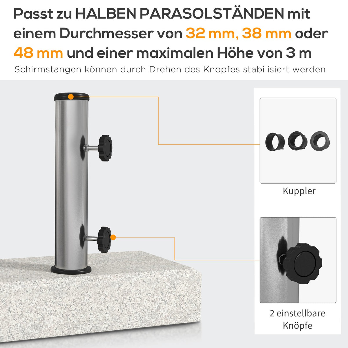 Parasol stand 25kg stand for half-round parasol with Ø 32/38/48 mm pole, parasol base for garden, balcony, granite, gray 45 x 22.5 x 40 cm