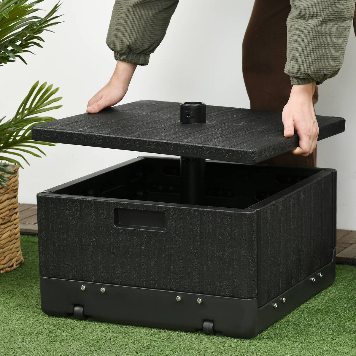 Parasol stand 3-in-1 side table with handle and wheels, raised bed can be filled with sand up to 80 kg for Ø38/48 mm umbrella poles