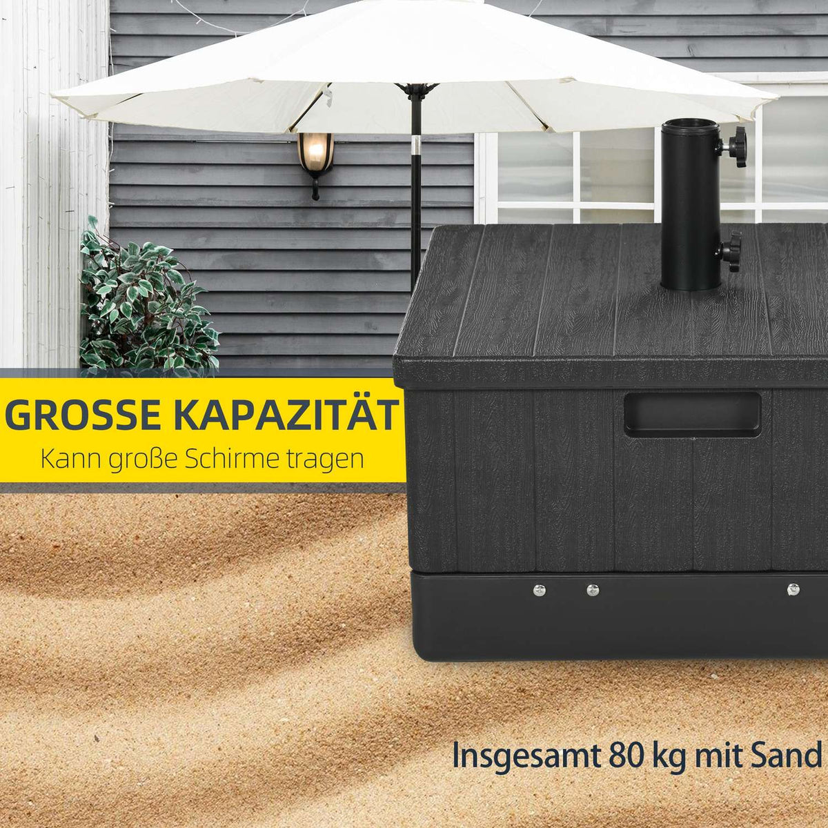 Parasol stand 3-in-1 side table with handle and wheels, raised bed can be filled with sand up to 80 kg for Ø38/48 mm umbrella poles