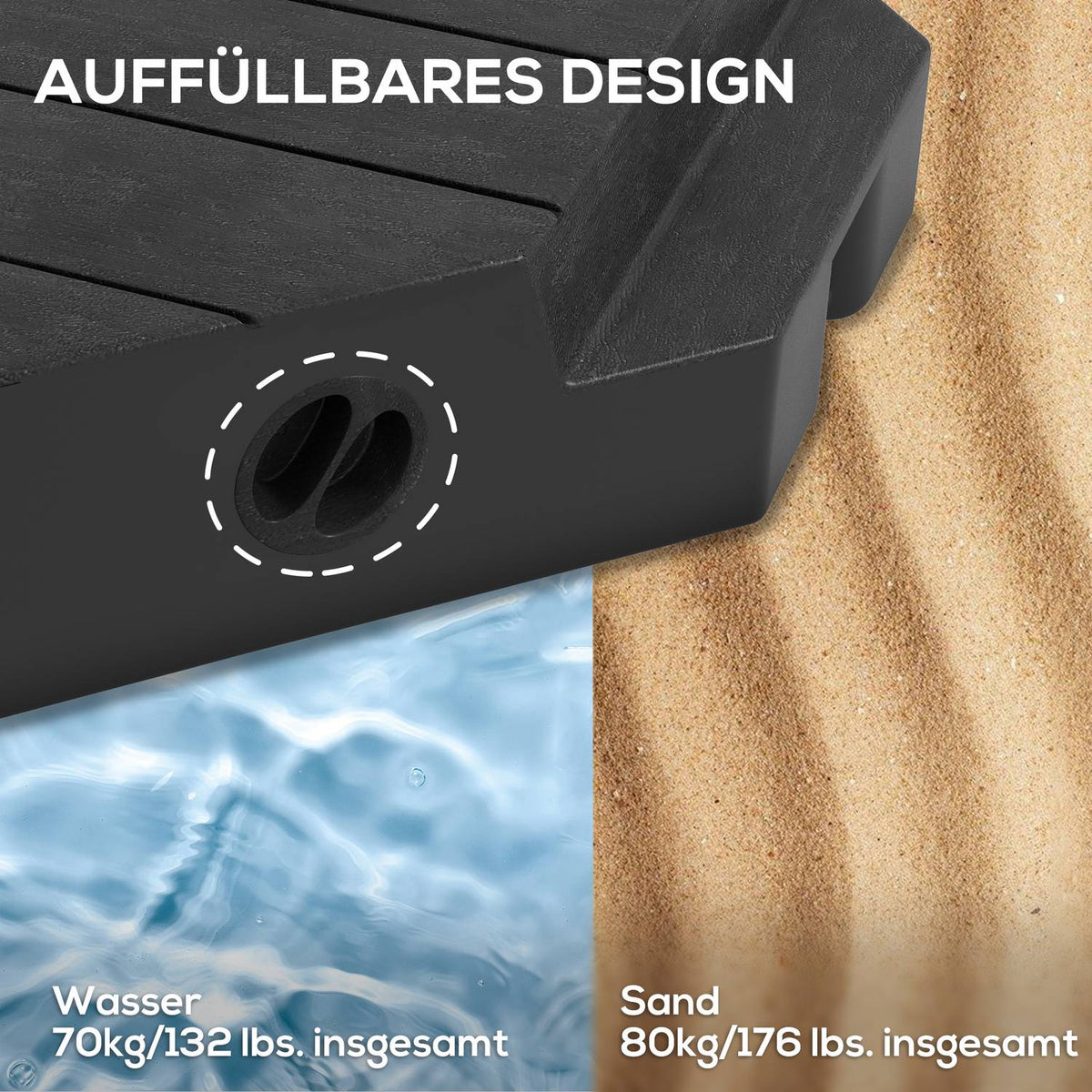 Parasol stand 4-piece umbrella weight wood look, umbrella stand for cantilever umbrella, floor cross can be filled with sand/water up to 20/15 kg cantilever umbrella stand weights parasol base HDPE black