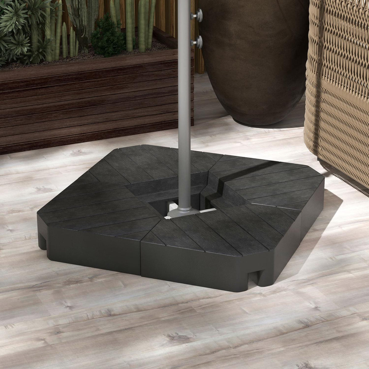 Parasol stand 4-piece umbrella weight wood look, umbrella stand for cantilever umbrella, floor cross can be filled with sand/water up to 20/15 kg cantilever umbrella stand weights parasol base HDPE black