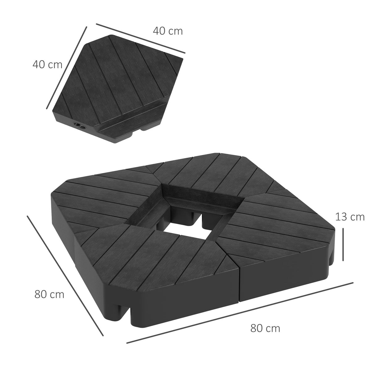 Parasol stand 4-piece umbrella weight wood look, umbrella stand for cantilever umbrella, floor cross can be filled with sand/water up to 20/15 kg cantilever umbrella stand weights parasol base HDPE black