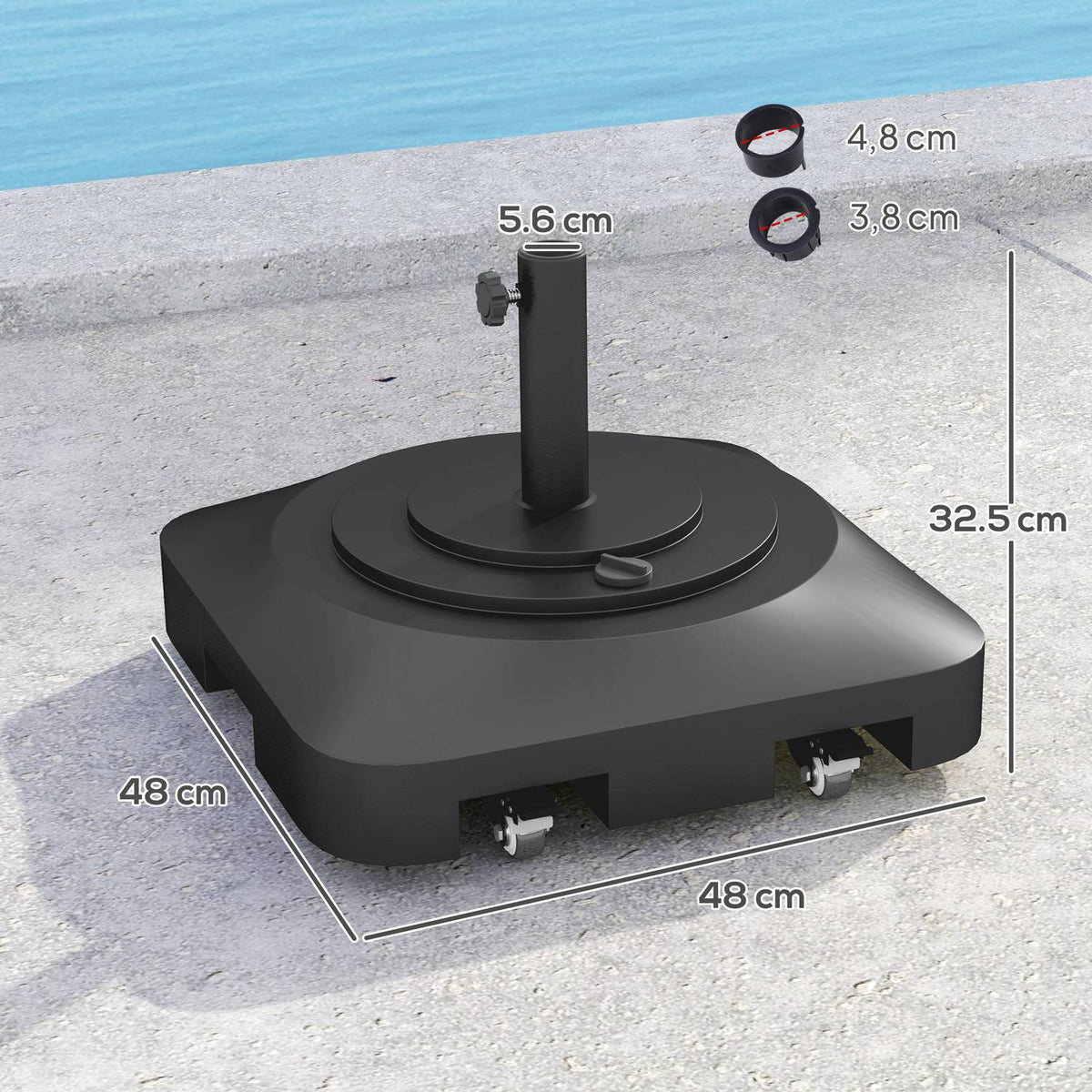 Parasol stand can be filled up to 25 kg, umbrella stand with wheels, square umbrella holder, umbrella weight, stand for parasol Ø38/48 mm, for balcony, terrace, garden, black