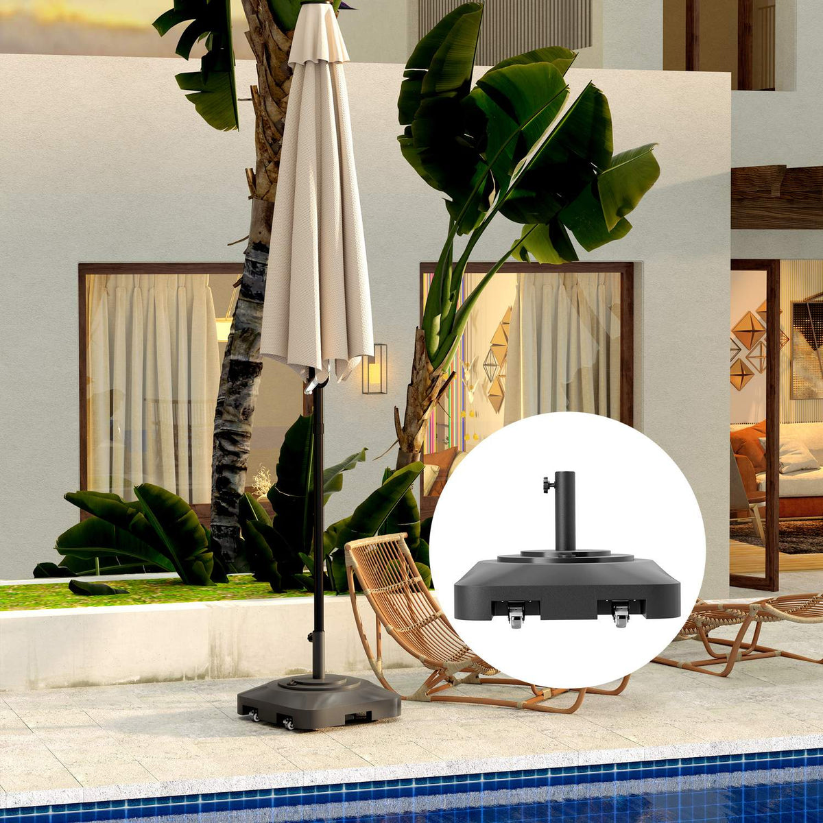 Parasol stand can be filled up to 25 kg, umbrella stand with wheels, square umbrella holder, umbrella weight, stand for parasol Ø38/48 mm, for balcony, terrace, garden, black