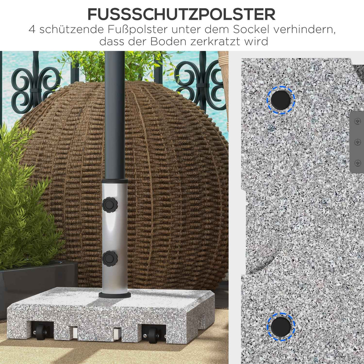 Parasol stand (made of granite) 28kg parasol base with two knobs on the base for pole diameter Ø 32/38/48 mm, umbrella stand with wheels for garden, balcony, granite, gray