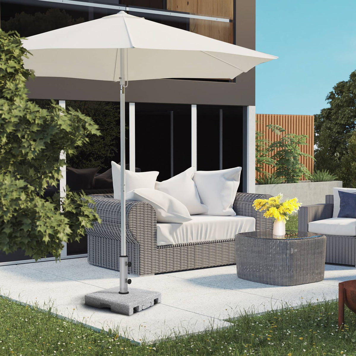Parasol stand (made of granite) 28kg parasol base with two knobs on the base for pole diameter Ø 32/38/48 mm, umbrella stand with wheels for garden, balcony, granite, gray