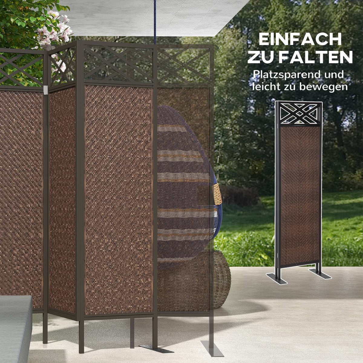Paravant 148X181Cm Garden Room Divider With Rattan Look, Anti-Uv Divider & Pegs, Steel, Dark Brown