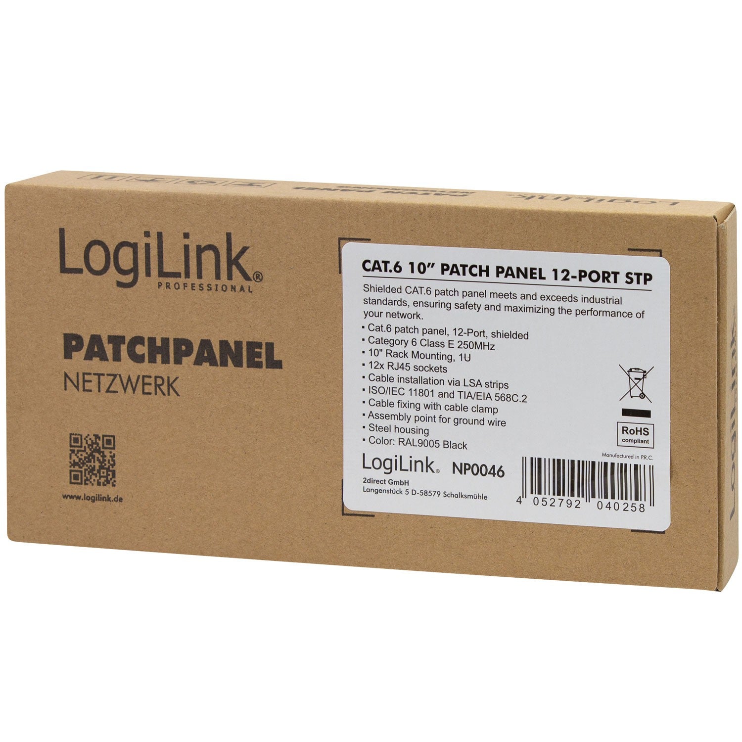 Patch panel 12-port Cat6 for 10" rack U1 Black