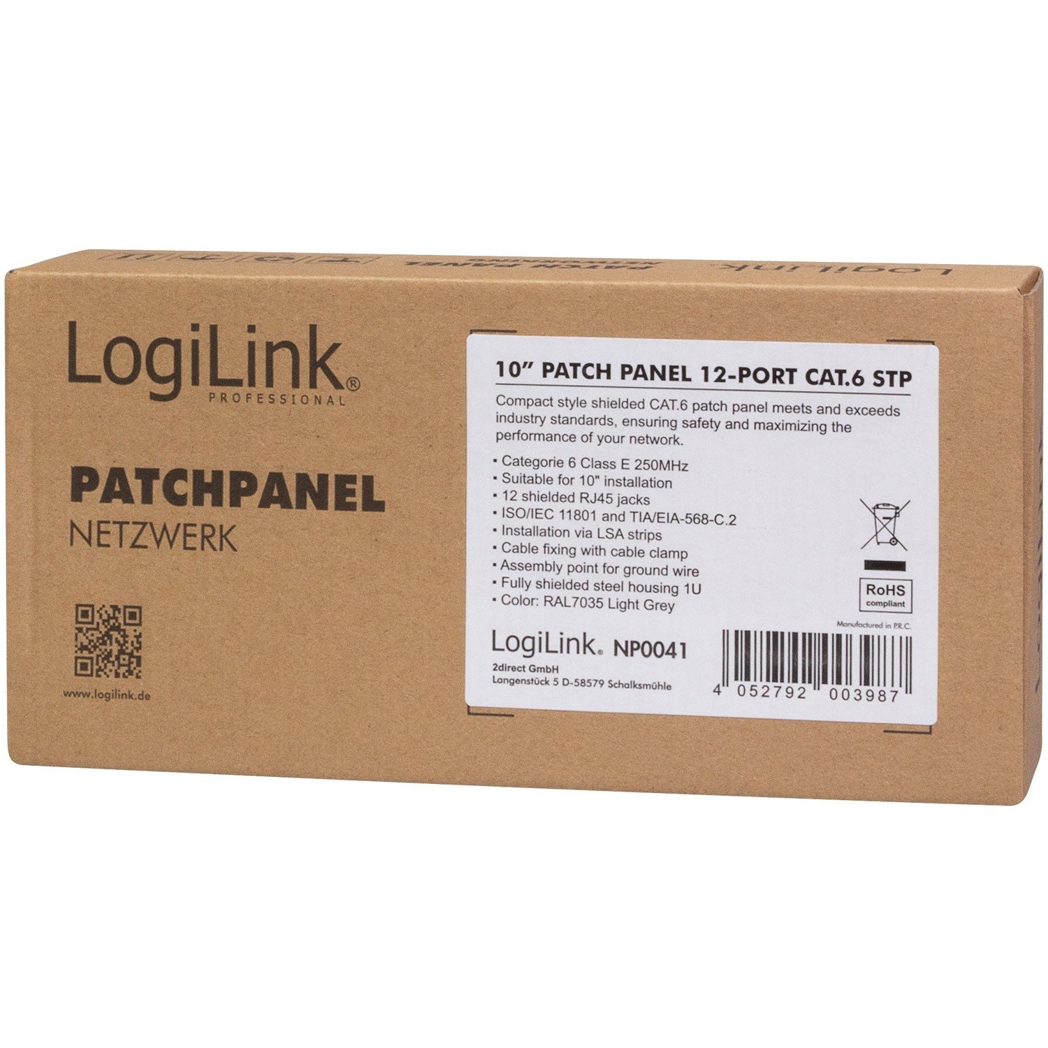Patch panel 12-ports Cat6 for 10" rack U1 Grey