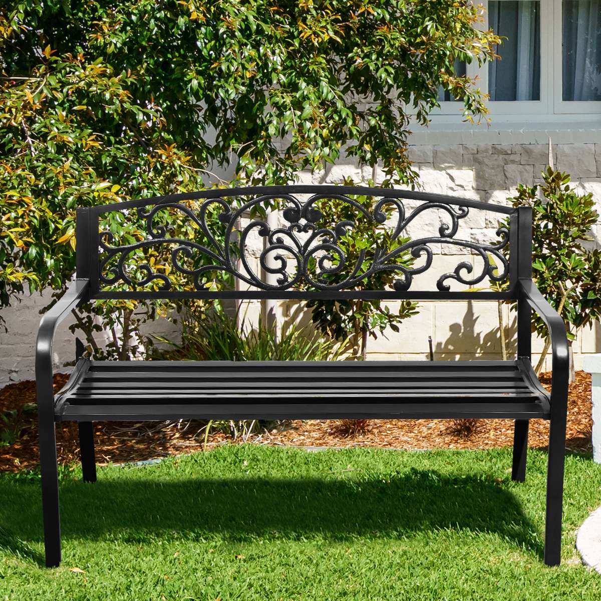 Patio Bench 50-Inch, Steel Frame, Cast Iron Backrest