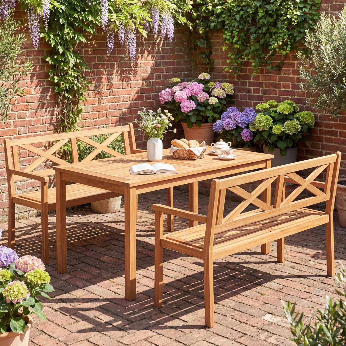 Patio Bench, Acacia Wood, 2-Person, Armrests, Backrest