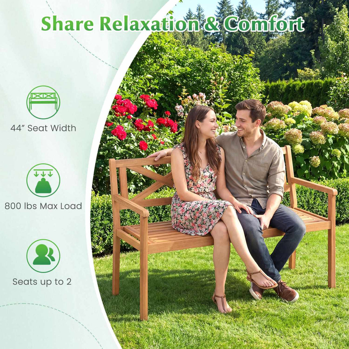 Patio Bench, Acacia Wood, 2-Person, Armrests, Backrest
