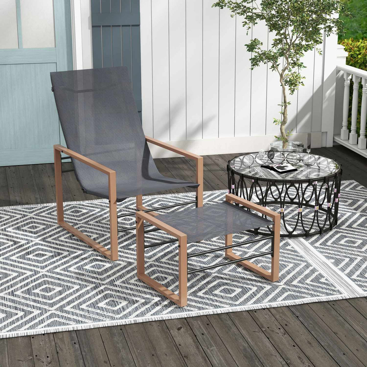 Patio Chair Stool Garden Chair Set Mesh Cover Metal Frame Dark Gray