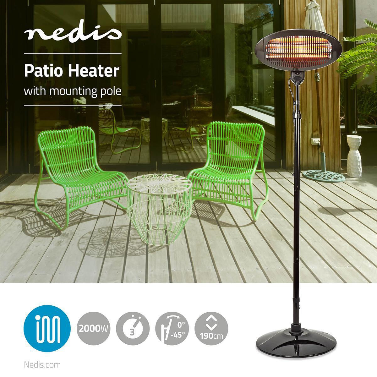 Patio Heater | 2000 W | 3 Heat settings | Protection against falling | IP34 | Black