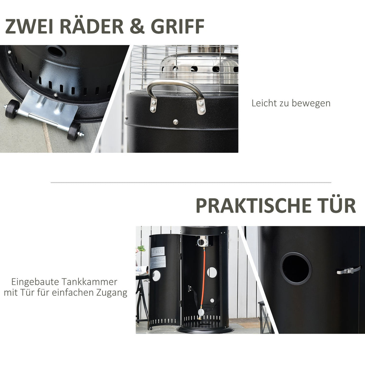 Patio Heater With Handle, Wheels, Automatic Safety Switch-Off, Stainless Steel, Ø55.6X143Cm