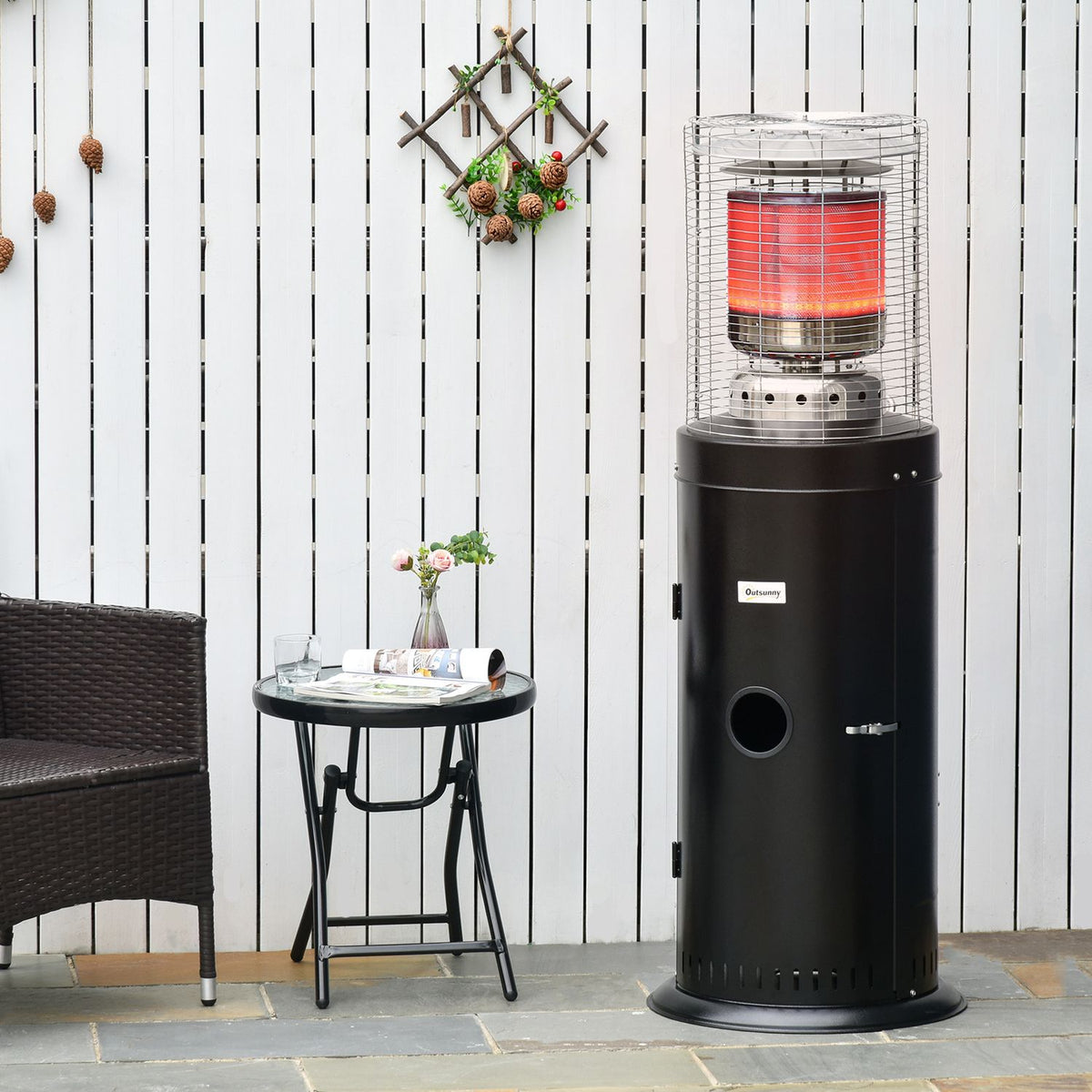 Patio Heater With Handle, Wheels, Automatic Safety Switch-Off, Stainless Steel, Ø55.6X143Cm