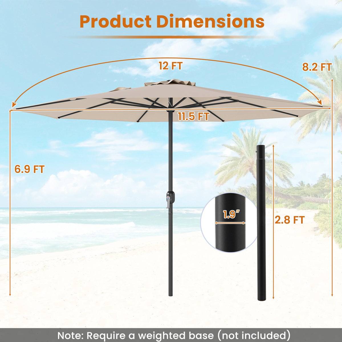Patio Market Umbrella 3.6 m, Crank Handle, Beige