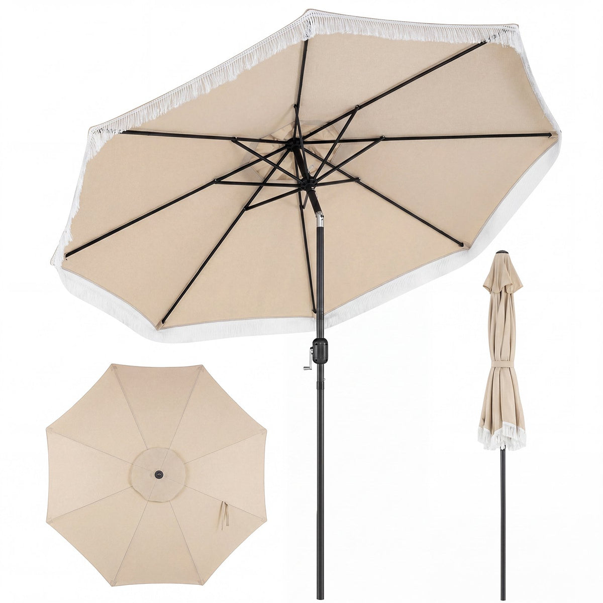 Patio Parasol 270cm, Crank Tilt, Fringed Beige