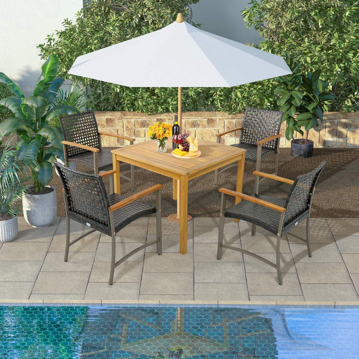 Patio Rattan Dining Chairs Set of 4, Acacia Armrests