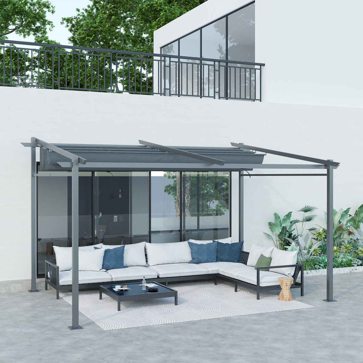 Patio Roof Pergola Approx. 4x3m Patio Roofing Garden Pavilion Aluminum, Wall Mounted, Garden Pavilion with Adjustable Roof, UV Protection, Sun Protection for Patio and Garden, Dark Gray